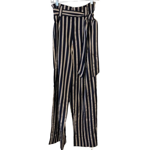 7 For All Mankind Wide Leg High Rise Navy & Gold Striped Paperbag Pants Med NWT - Picture 1 of 11